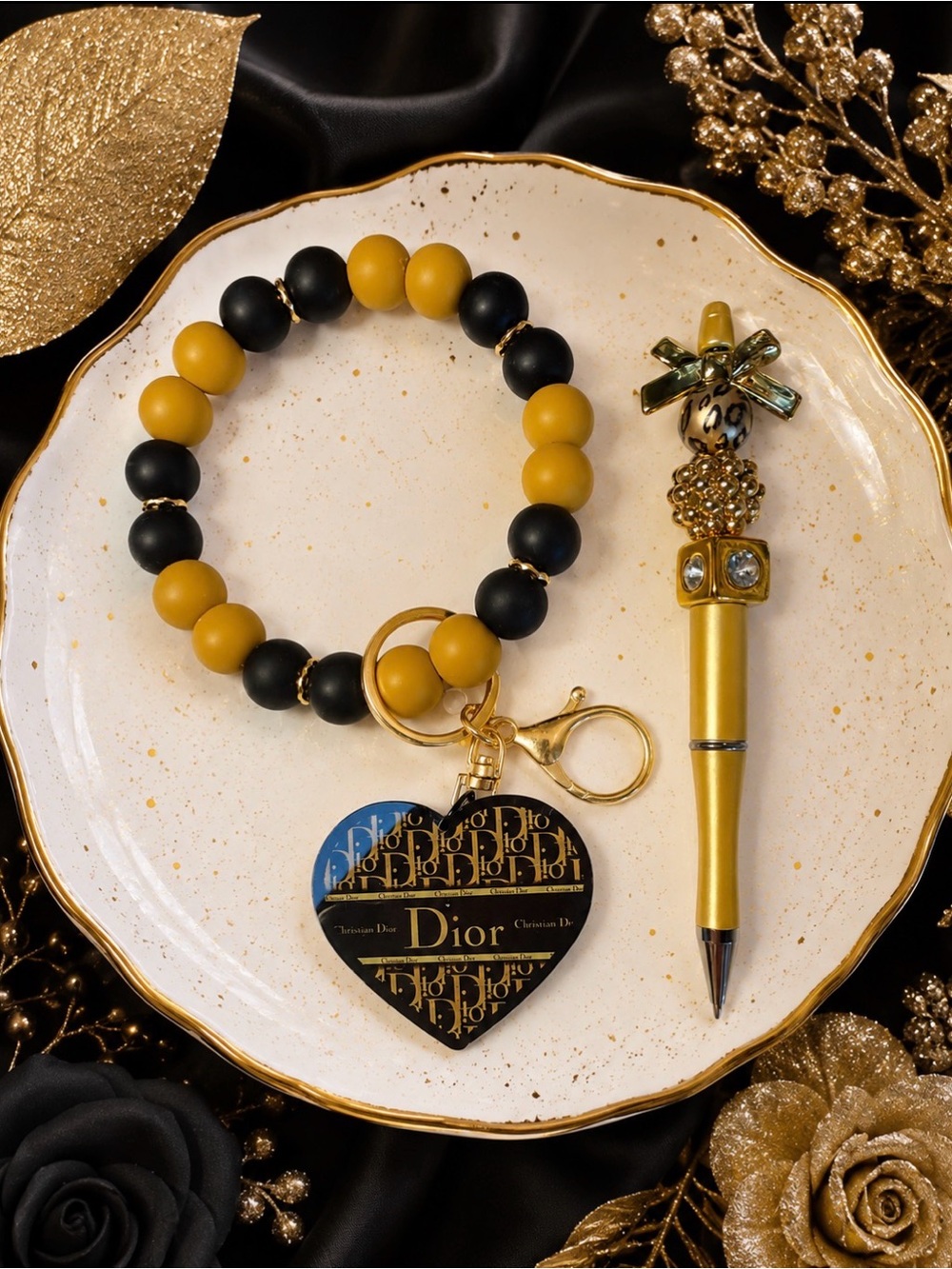 Hand Crafted Black/Gold Pen & Wristlet Keychain Set